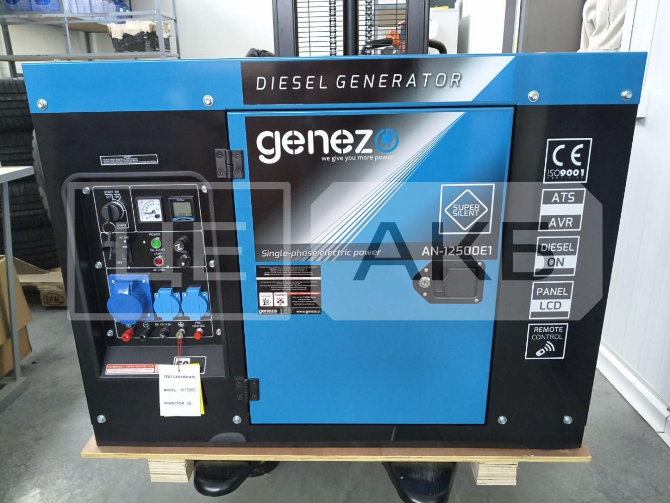ГЕНЕРАТОР ДИЗЕЛЬНИЙ GENEZO AN12500E1 2025 РІК 11.87KVA 9.5KW 230V ОДНОФАЗНИЙ ЕЛЕКТРОЗАПУСК/ ДИСТАНЦІЙНИЙ AN12500E1